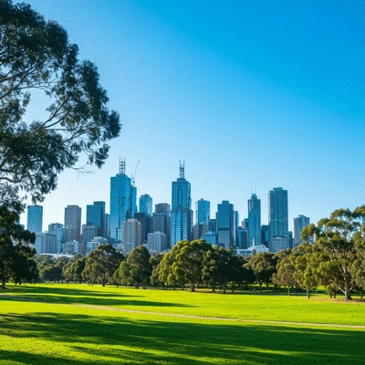 Melbourne city skyline with green parkland in the foreground, representing eco-friendly waste management