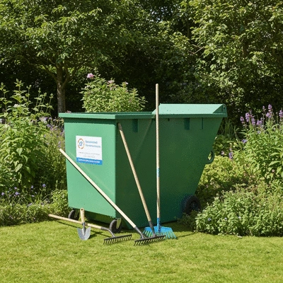 Modern skip bin in a clean, well-maintained garden during a cleanup project, with gardening tools nearby