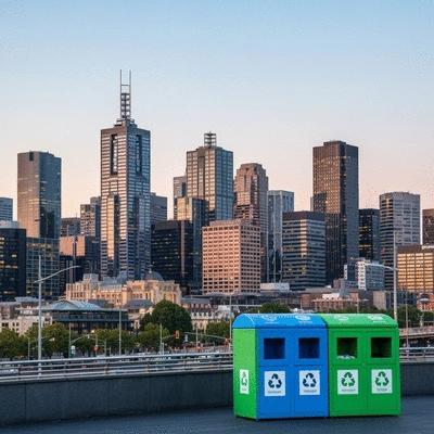 Melbourne skyline with a focus on green initiatives and waste sorting bins in the foreground