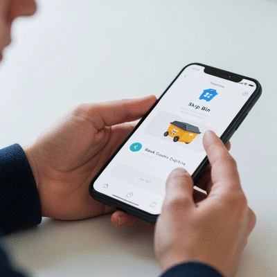 Person using a smartphone to book a skip bin online, with a focus on ease and convenience, no text, no words, no typography