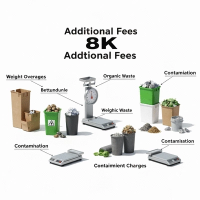 Illustration of various additional fees for waste disposal, like weight overages and contamination charges