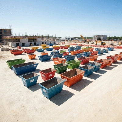 Various skip bins of different sizes on a construction site, clean and organized