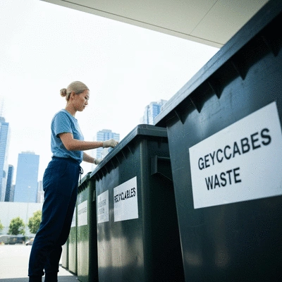 Person sorting waste into different skip bins with a Melbourne cityscape in the background