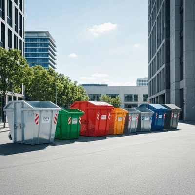 Various sized skip bins lined up in an urban setting, clean and modern, no text, no words, no typography