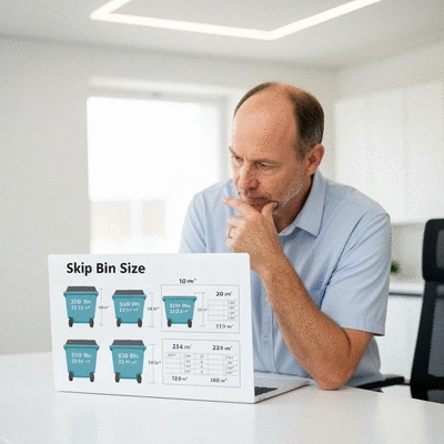 Person thoughtfully looking at different skip bin sizes, clean environment