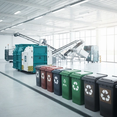 Modern waste management facility with recycling bins and machinery, clean and efficient