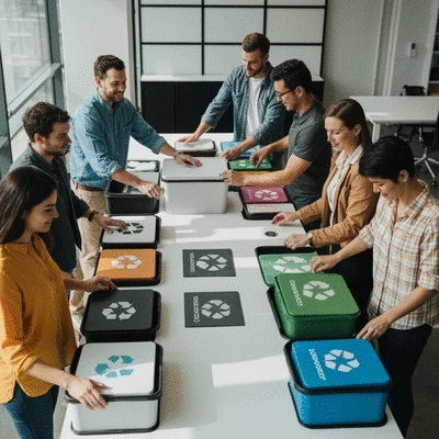 Team of diverse employees collaborating on a sustainable waste sorting project